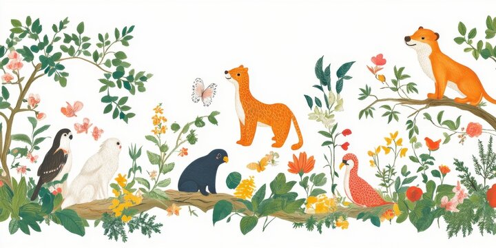 collection of animals and plants with white background, children's theme illustration, for education