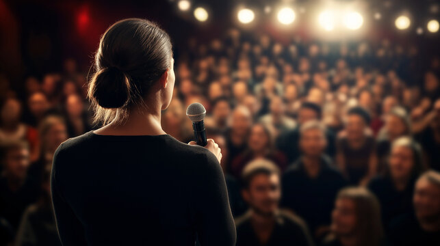 Woman on stage holding microphone, speaking to audience, back view, public speaking event, motivational speech, spotlight on presenter, crowded room, communication concept