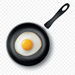 Vector 3d Realistic Fried Egg in the Black Frying Pan, Closeup Isolated, Top View. Design Template of Scrambled Eggs, Fried Egg, Omelette. Delicious Breakfast, Food, Culinary Concept