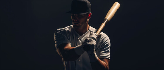 Baseball player with bat ready to swing, intense focus, professional athlete, competitive sport, dramatic lighting, powerful stance, dark background, sports portrait