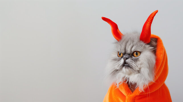 Grumpy Persian Cat Dressed in Orange Devil Costume with Red Horns for Halloween