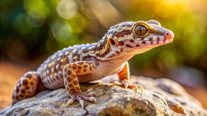 Obraz premium A small, harmless Moorish gecko basks in the warmth on a worn rock, its delicate features accentuated by