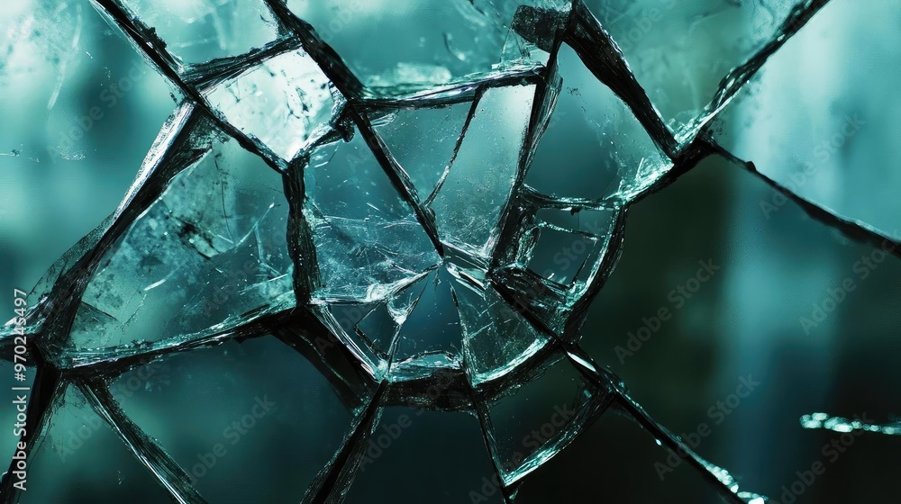 Poster close-up view of broken glass shards with dramatic lighting, showcasing intricate textures and refle