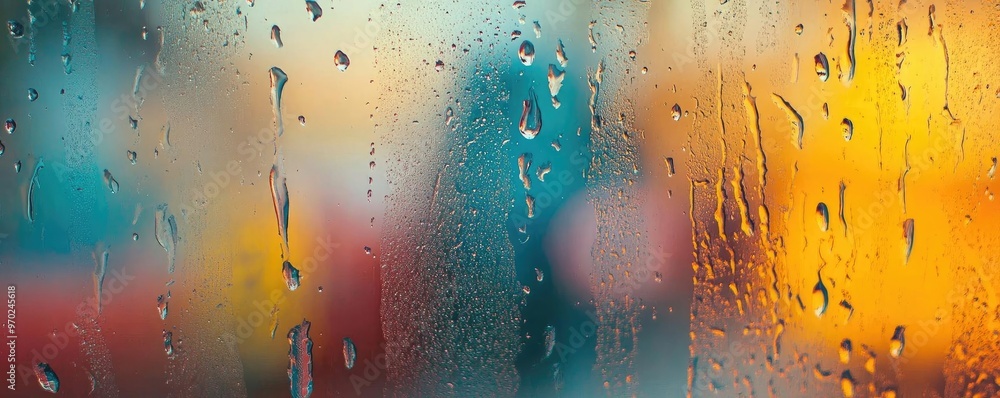 Poster colorful blurred background with raindrops on glass, creating a dreamy and abstract atmosphere, perf