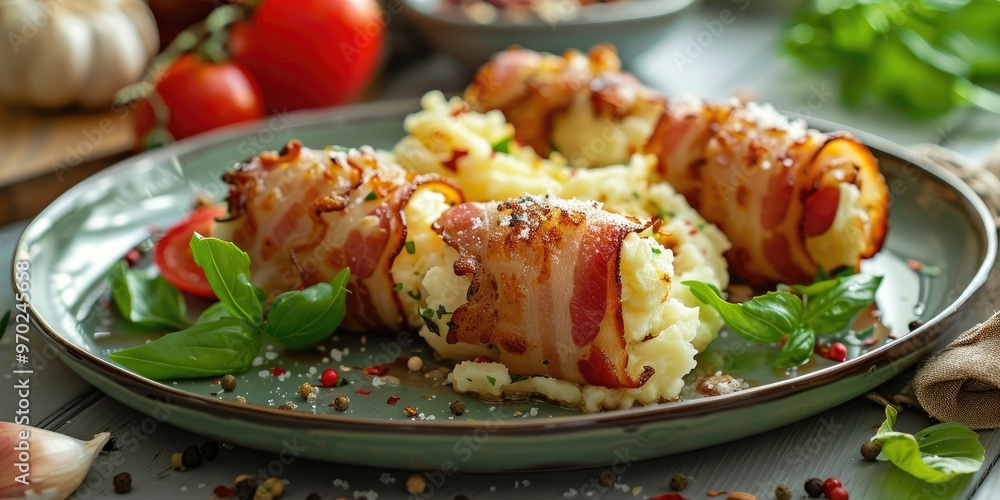 Poster vertical view of crispy bacon rolls with mashed potatoes and basil on a plate on the table