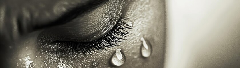 A close-up of a tear rolling down a cheek, depicting deep emotion and vulnerability in a monochromatic style.