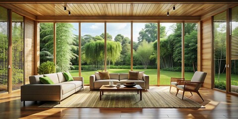 Fototapeta premium A spacious living room features a striking bamboo frame window, bathing the interior in natural light and offering