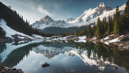 serene mountain landscape, crystal-clear lake, lake reflecting mountains, snow-covered peaks, mountain scenery, tranquil nature, peaceful mountains, alpine landscape, lake reflection, scenic mountain 