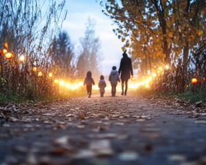 Family exploring a spooky Halloween corn maze eerie mist surrounding them