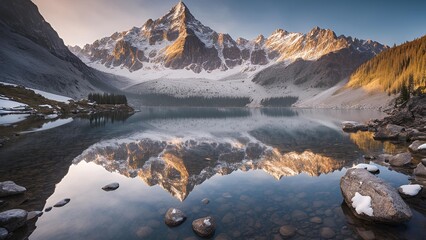 serene mountain landscape, crystal-clear lake, lake reflecting mountains, snow-covered peaks, mountain scenery, tranquil nature, peaceful mountains, alpine landscape, lake reflection, scenic mountain 
