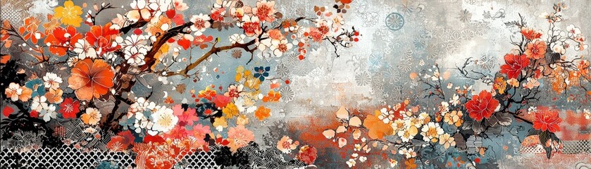 Exquisite floral collage banner featuring a diverse array of patterns and textures, reminiscent of traditional Japanese kimono fabrics, ideal for decorative or textile applications.