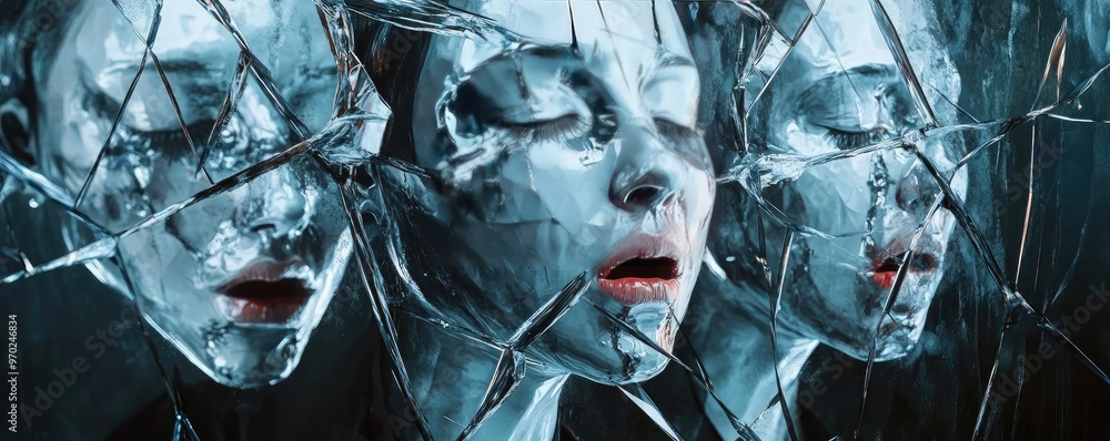 Poster a surreal portrait of fragmented faces reflecting emotion and depth, conveying themes of identity an