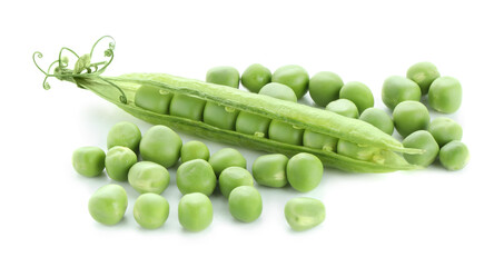 Green fresh peas and pod isolated on white