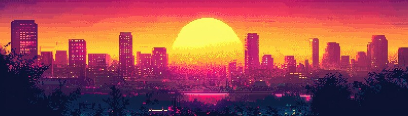 Fototapeta premium Radiant sunset in pixel art, featuring a skyline of skyscrapers bathed in a warm, 8-bit glow, evoking a serene and nostalgic cityscape.