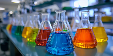 Colorful beakers with colorful liquid in a laboratory, generative AI