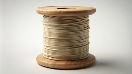 A three-dimensional digital model of a wooden thread spool features intricate details and a wrapped thread texture,