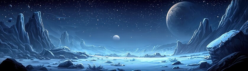 Otherworldly alien landscape with frosty terrain and jagged mountains beneath a twilight sky, showcasing a prominent moon and planet, perfect for space-themed visuals.