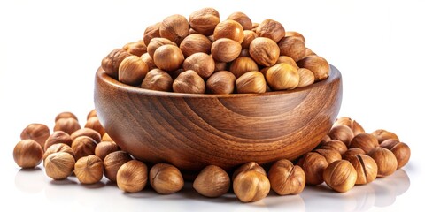 A torrent of brown charoli nuts bursts forth from the wooden bowl, scattering across the white canvas in