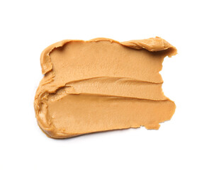 Tasty peanut butter on white background, top view
