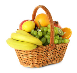 Many fresh ripe fruits in basket isolated on white