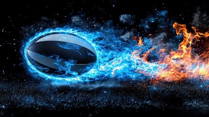 Dynamic rugby action illustration with a rugby ball enveloped in blue flames and wisps of smoke against a stark black background, symbolizing intense motion and energy.