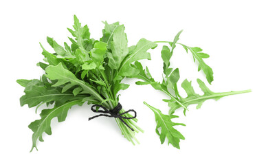 Fresh arugula leaves isolated on white, top view