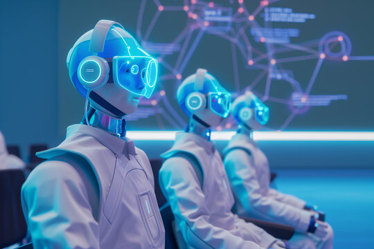 Futuristic humanoid AI attending conference presentation and training seminar meeting in high technology innovation auditorium convention hall with neon light.