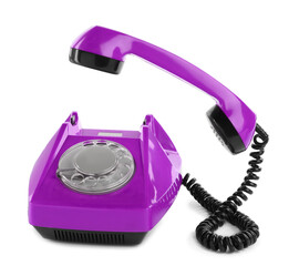 Old violet telephone with rotary dial isolated on white
