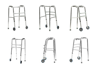 Walking frame isolated on white, collage. Different sides view