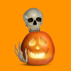 Scary skeleton touching spooky jack o'lantern on orange background. Halloween celebration