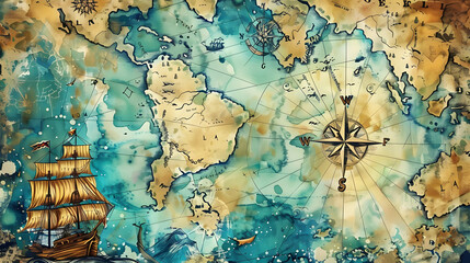 Fototapeta premium Map Pirate Watercolor art drawing style