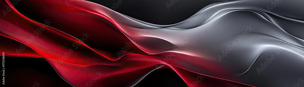 Poster Abstract design featuring smooth flowing waves of red and gray colors on a dark background. Perfect for modern projects and themes.