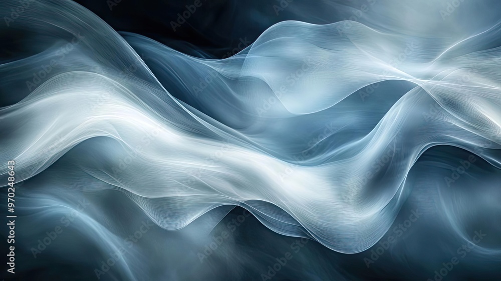 Poster elegant abstract illustration of smooth flowing waves in blue and white, creating a serene and calmi