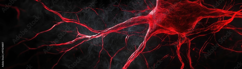 Poster Abstract representation of neurons with vibrant red colors on a dark background, illustrating the complexity of neural networks.