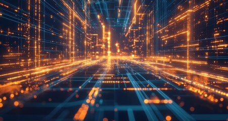 Naklejka premium Abstract digital city with glowing lines and grid pattern.