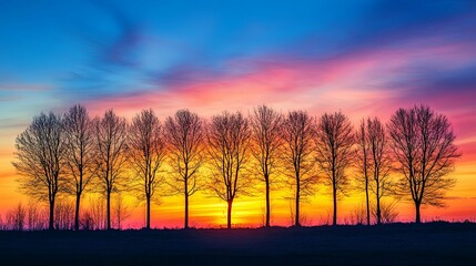Obraz premium Silhouetted Trees Against a Vibrant Sunset Sky