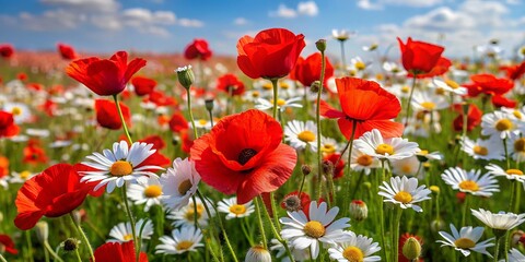 Obraz premium Blooming red poppies and white daisies adorn a lush green field, bursting with vibrant color and cheerful charm,