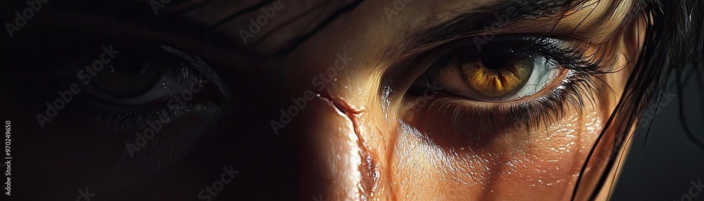 Poster close-up of a striking eye with unique color and slight scar, conveying depth and emotion.