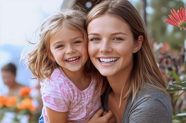 Fototapeta premium Happy attractive mother hugging her little daughter and looking at camera
