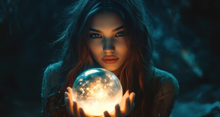 Naklejka premium A young woman with long brown hair and blue eyes gazes intently at a glowing crystal ball, her expression a mix of wonder and determination, set against a backdrop of a dark, mysterious forest.