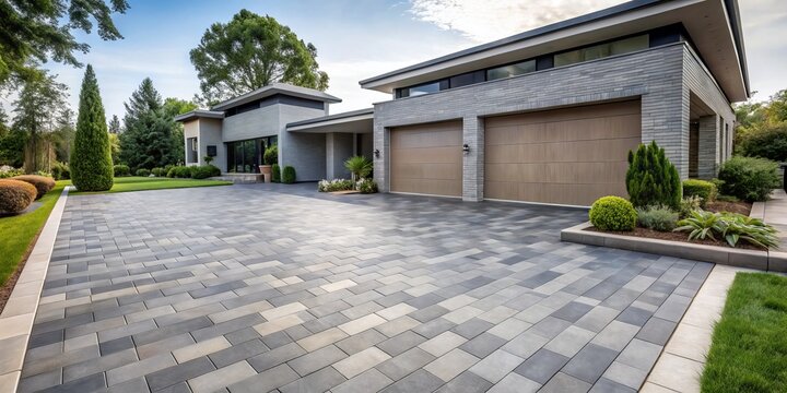 Contemporary stripes emerge as gray-toned pavers are arranged in a geometric pattern, transforming a driveway into a