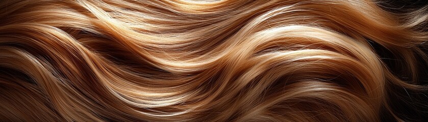 Naklejka premium Luxurious layered hair with smooth, flowing strands, shimmering with glossy highlights, showcasing warmth and elegance in a beauty-inspired setting.
