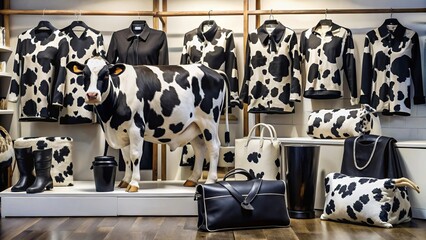 Cow-print scarf adds a whimsical touch to a coat or blazer, perfect for a bohemian winter look.