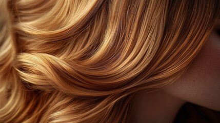 Fototapeta premium Flowing layers of hair with a sleek, glossy texture and warm highlights, exuding sophistication and richness for beauty-related visuals.
