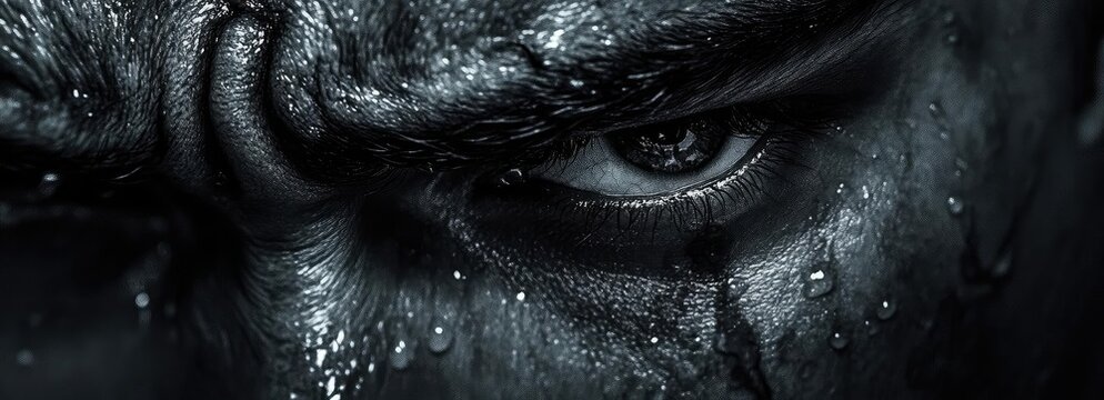 Close-up shot of an intense eye, conveying emotion with surface water droplets and dramatic lighting.