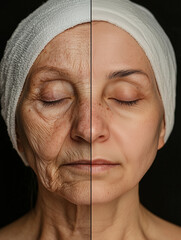 A striking face split, showcasing aging and youth, hinting at the role of cosmetic surgery in preserving youthful appearances.