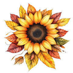 A vibrant sunflower surrounded by autumn leaves, perfect for seasonal decor and floral themes in design projects.
