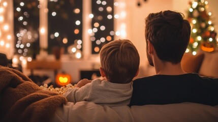 Family watching a Halloween movie together on the couch dim lighting