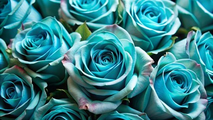 Delicate, velvety petals of teal-hued roses unfold, bathing the surrounding air with soft, romantic ambiance as the
