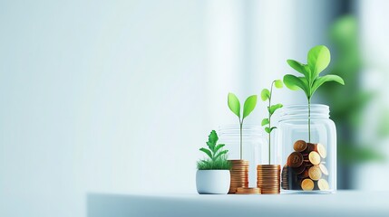 A growth concept featuring plants, coins, and jars representing financial investment and environmental sustainability.